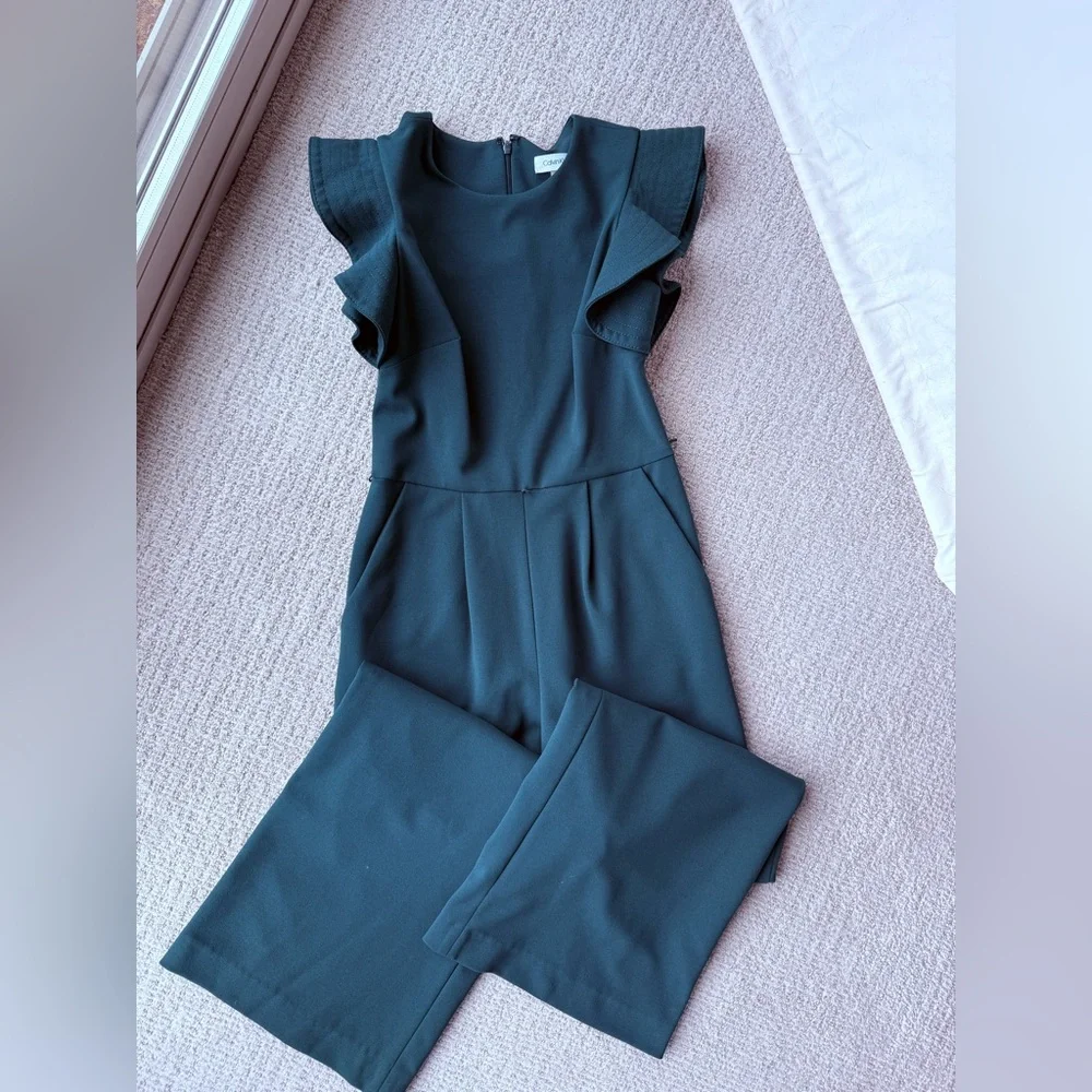 Green Calvin Klein Flutter Sleeve Jumpsuit - Picture 2 of 6